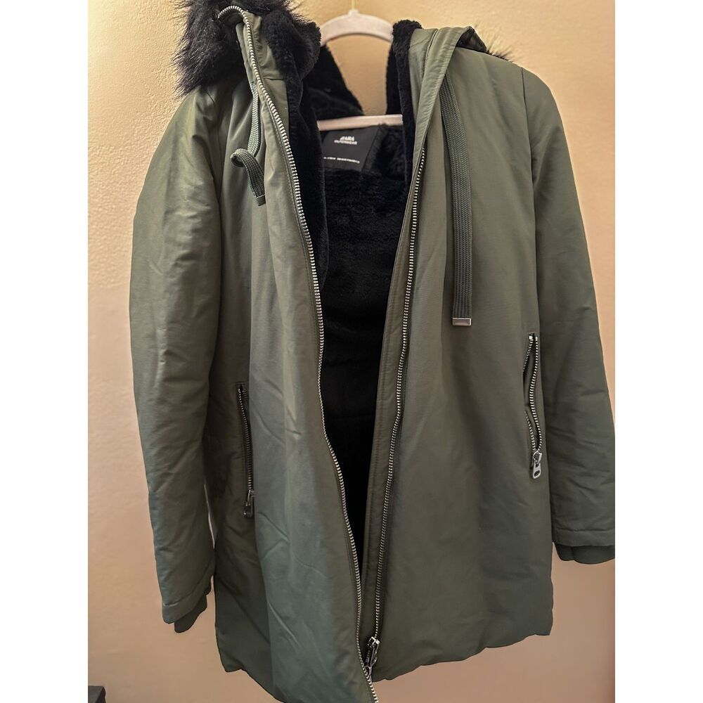 Zara Outerwear Military Green Fur Hooded Parka Size Womens Medium